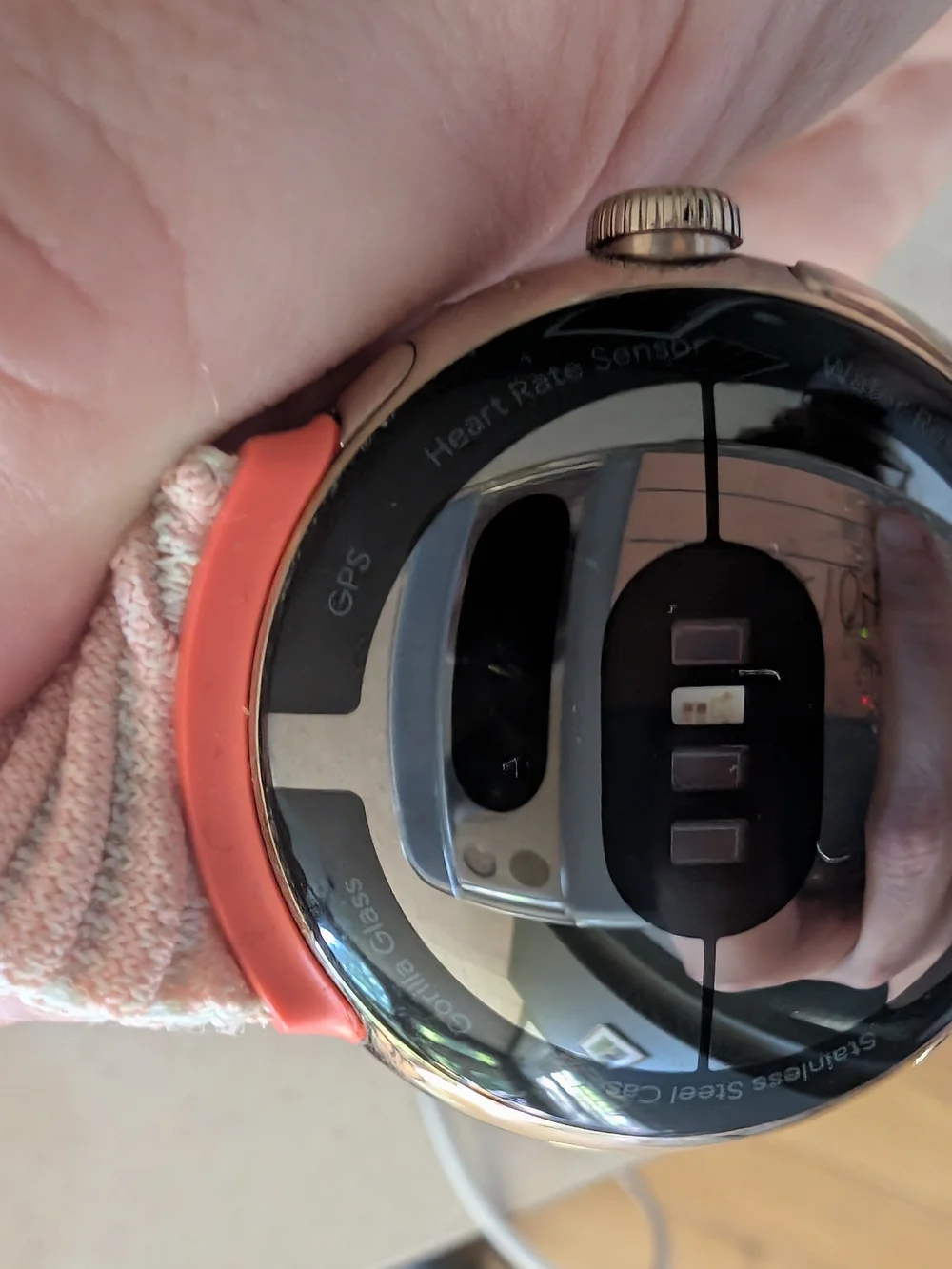 1st Gen google Pixel Watch with Pink Fabric Band and Coral Accent (Gold Watch)